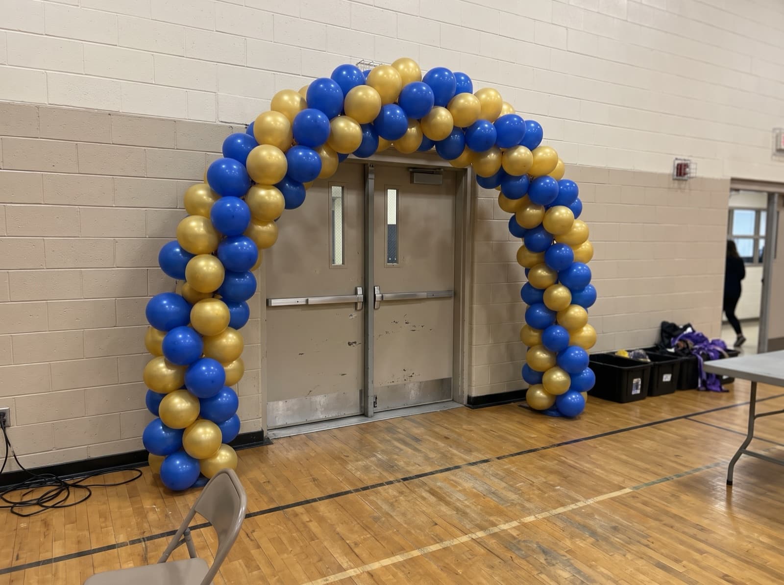 Royal blue and gold spiral arch at a school gym door